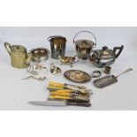 A small quantity of plated items including teapots, cutlery, sauce boat and saucer, bowl, etc.