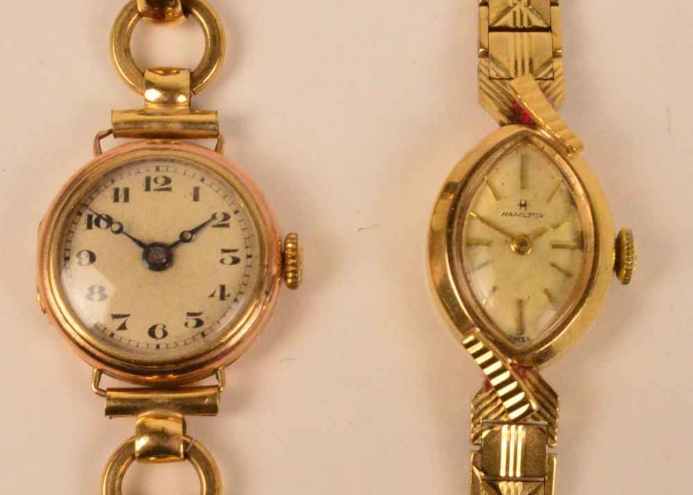 HAMILTON; a lady's vintage 9ct gold wristwatch with textured bracelet,