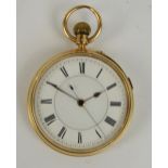 An 18ct yellow open face crown wind pocket watch, the circular enamel dial set with Roman numerals,
