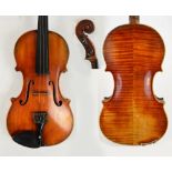 A full size English violin by Alfred Moore, Douglas 1893, with two-piece back, length 35.8cm,