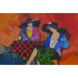 UNATTRIBUTED; acrylic on card, two women drinking wine, indistinctly signed, 17.