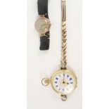 An 18ct yellow gold fob watch with later attachments converting to a wristwatch with 9ct leaf