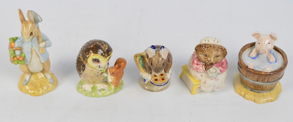 Five Beswick Beatrix Potter figures; "Appley Dapply", "Yock-Yock in The Tub", "Old Mr Brown", "Peter