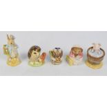 Five Beswick Beatrix Potter figures; "Appley Dapply", "Yock-Yock in The Tub", "Old Mr Brown", "Peter