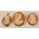 Two 9ct gold framed cameo brooches and a similar pendant (3).