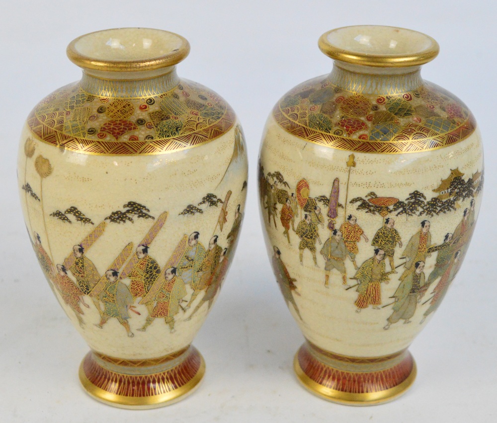 A pair of Japanese Meiji period Satsuma vases of baluster form,