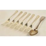 A set of six George V hallmarked silver jubilee pastry forks, Viner's, Sheffield 1935, length 12.