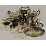A quantity of silver plated items including a large rosebowl, coffee pots,