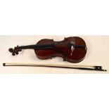 A full size German violin with two-piece back, length 36cm, cased with a bow.