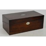 A 19th century rosewood writing slope, the hinged lid centred with mother of pearl oval,