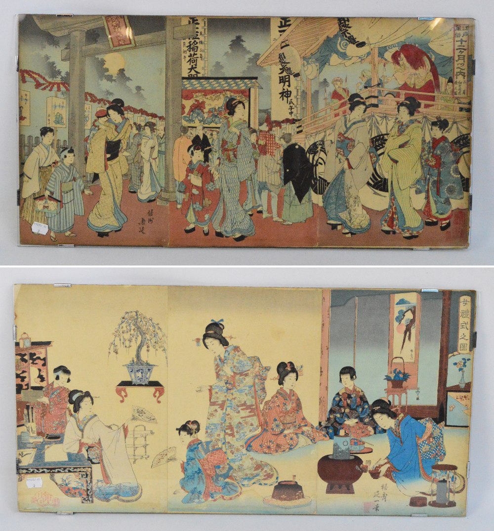 A pair of early 20th century Japanese prints, each constructed from three individual sheets, glazed,