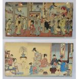 A pair of early 20th century Japanese prints, each constructed from three individual sheets, glazed,