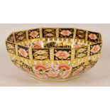 A Royal Crown Derby Imari decorated hexagonal bowl marked to base for 1917, diameter at widest 19cm.