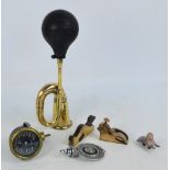 A group of automobilia related items, a brass car horn, a Smiths rev counter, a RACA Halifax