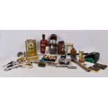 A quantity of collectors' items including a small microscope, a leather mug, flasks,