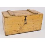 A small pine work chest with plank top and folded hinges and external supports, width 61.5cm.