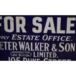 A blue enamel sign, "For Sale Apply Estate Office,