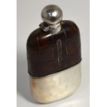 A Victorian hallmarked silver glass and leather hip flask, Sheffield 1886, height 17cm.