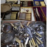 A quantity of silver plated ware to include a tray, cased flatware, a boxed carving set etc.