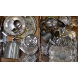 A box of plated ware to include bowls, tankards, butter dish, pewter teapot etc.