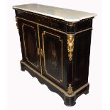 A Napoleon III ebonised and boulle marquetry side cabinet with ormolu female figurine mounts