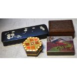 A box painted with birds, and octagonal box with mirror, a glove box  and a carved wooden box (4).