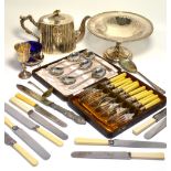 A quantity of plated ware to include a teapot, bon-bon dish, knives etc.