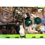 Two boxes of collectibles to include a large metal doorstop in the form of a cat,