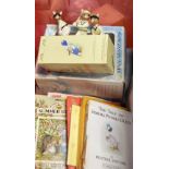 Four Royal Doulton boxed "Bunnykins" cricketing figurines together with Beatrix Potter books, prints