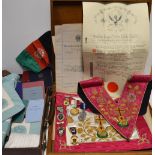 A wooden case containing a quantity of Masonic regalia for the "District Grand Lodge" of Northern