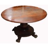 A Victorian mahogany breakfast table on a pedestal base and four paw feet, diameter 122cm.