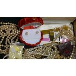 A quantity of costume jewellery to include pearl necklaces, brooches, hat pins,