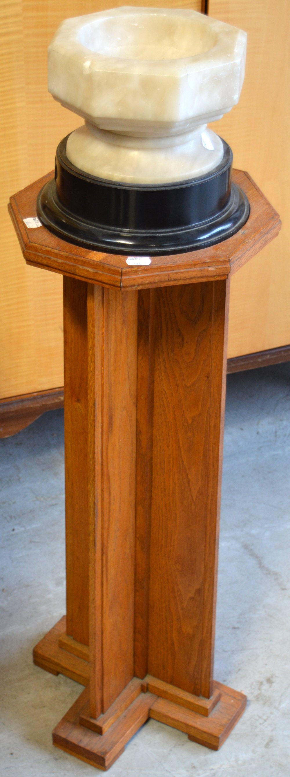 An early 20th century oak font with octagonal marble basin, height 102cm.