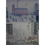 After Laurence Stephen Lowry; two reproduced coloured prints, one example entitled "Mill Scene",