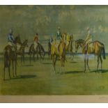 After Sir Alfred Munnings (1878-1959); a coloured print "Before the Start, Newmarket",
