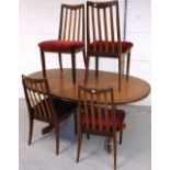 A retro extending G Plan dining table, width approx 210cm with a set of four bar back chairs (5).