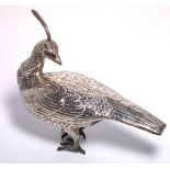 A Victorian hallmarked silver peacock with detachable head revealing a pierced stopper made by