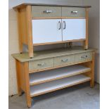 A reproduction three drawer sideboard with green painted top and drawers and a matching sideboard,