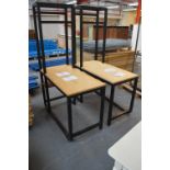 A pair of shop displays with stained wooden raised upper section above shelf, length 120cm.