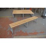 A modern bench frame raised on tubular frame with triple plank top, length 200cm.