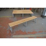 A modern bench frame raised on tubular frame with triple plank top, length 200cm.