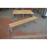 A modern bench frame raised on tubular frame with triple plank top, length 200cm.