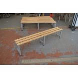 A modern bench frame raised on tubular frame with triple plank top, length 200cm.