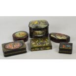 A collection of Russian lacquer boxes including a large example decorated with a wintry scene,