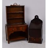 A miniature stained pine dresser, with boarded plate rack above two pull-put drawers and undertier,