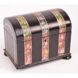 An early Victorian papier mâché and mother of pearl inlaid dome topped two division tea caddy