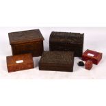 A carved oak trinket box, an Anglo-Indian carved trinket box, a dome topped carved trinket box,