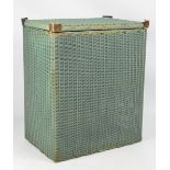 A green painted Lloyd Loom laundry box with original label, rectangular with hinged lid, width 45cm,