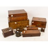 Three Victorian walnut work boxes, a rosewood glove box, a small carved trinket box,