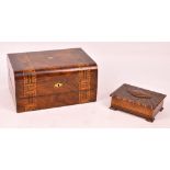 A late Victorian walnut and inlaid writing slope with mother of pearl lozenge shaped escutcheon,